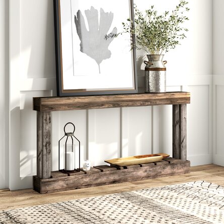 Farmhouse style storage shelving unit for a narrow entryway. Find at Wayfair.com.