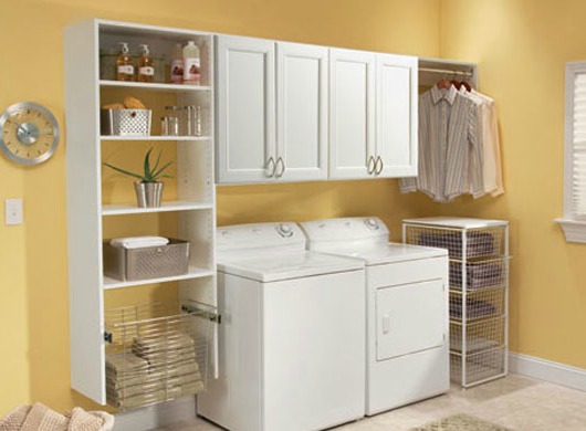 Organized basement laundry area.