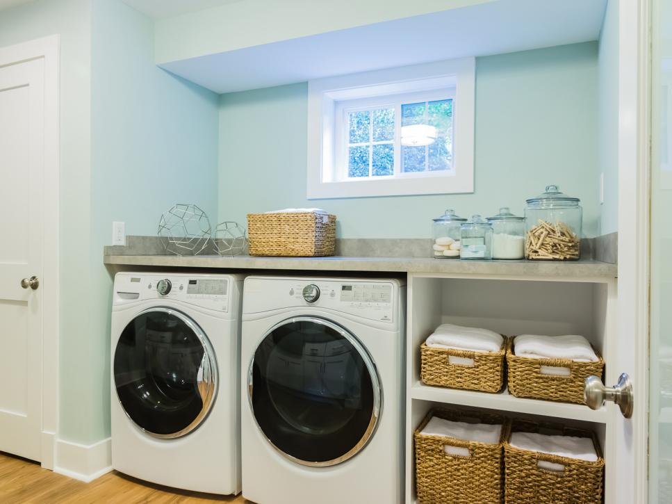 Pretty basement laundry area.