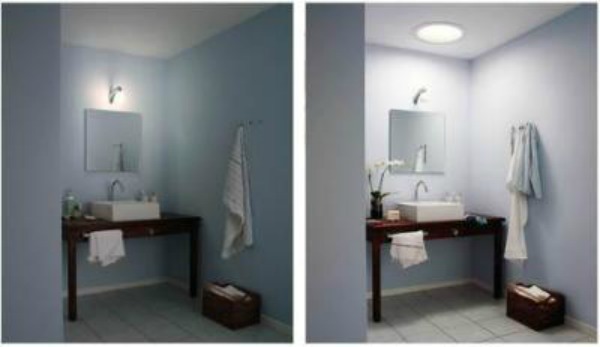 Bathroom before and after adding a solar tube.