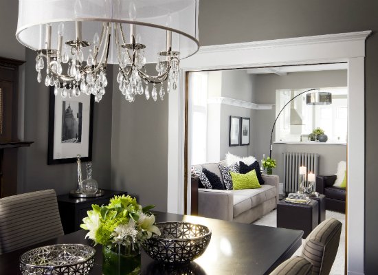 Dining room with dark gray walls.