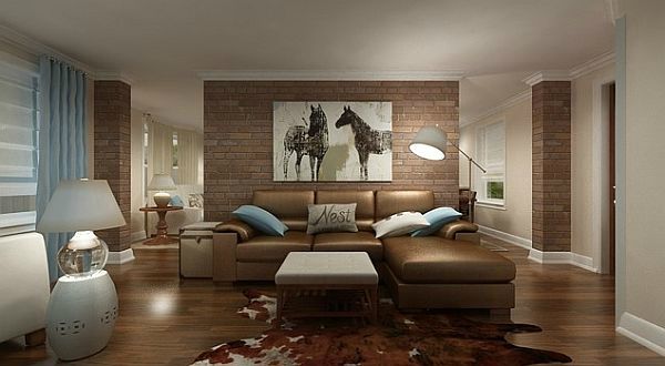 This livingroom brick wall serves as a focal point.