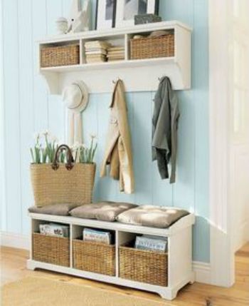 Use baskets for storage. Hang a shelf with pegs for hanging items.