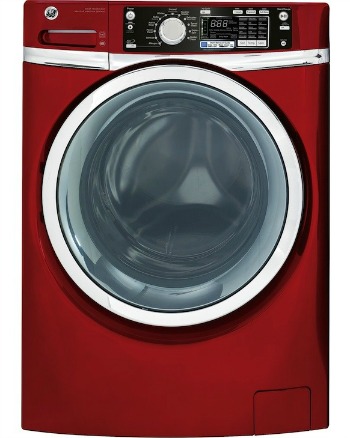 Red front loading washing machine.