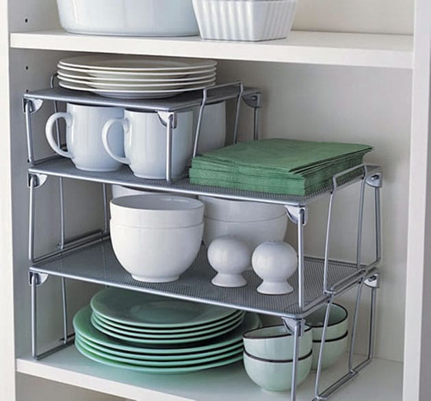 Kitchen cupboard stacking organizer.