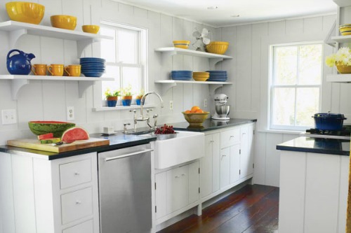 Open shelving in this small kitchen makes it look larger.