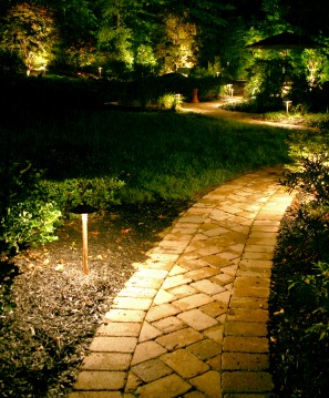 Outdoor stone path night lighting.