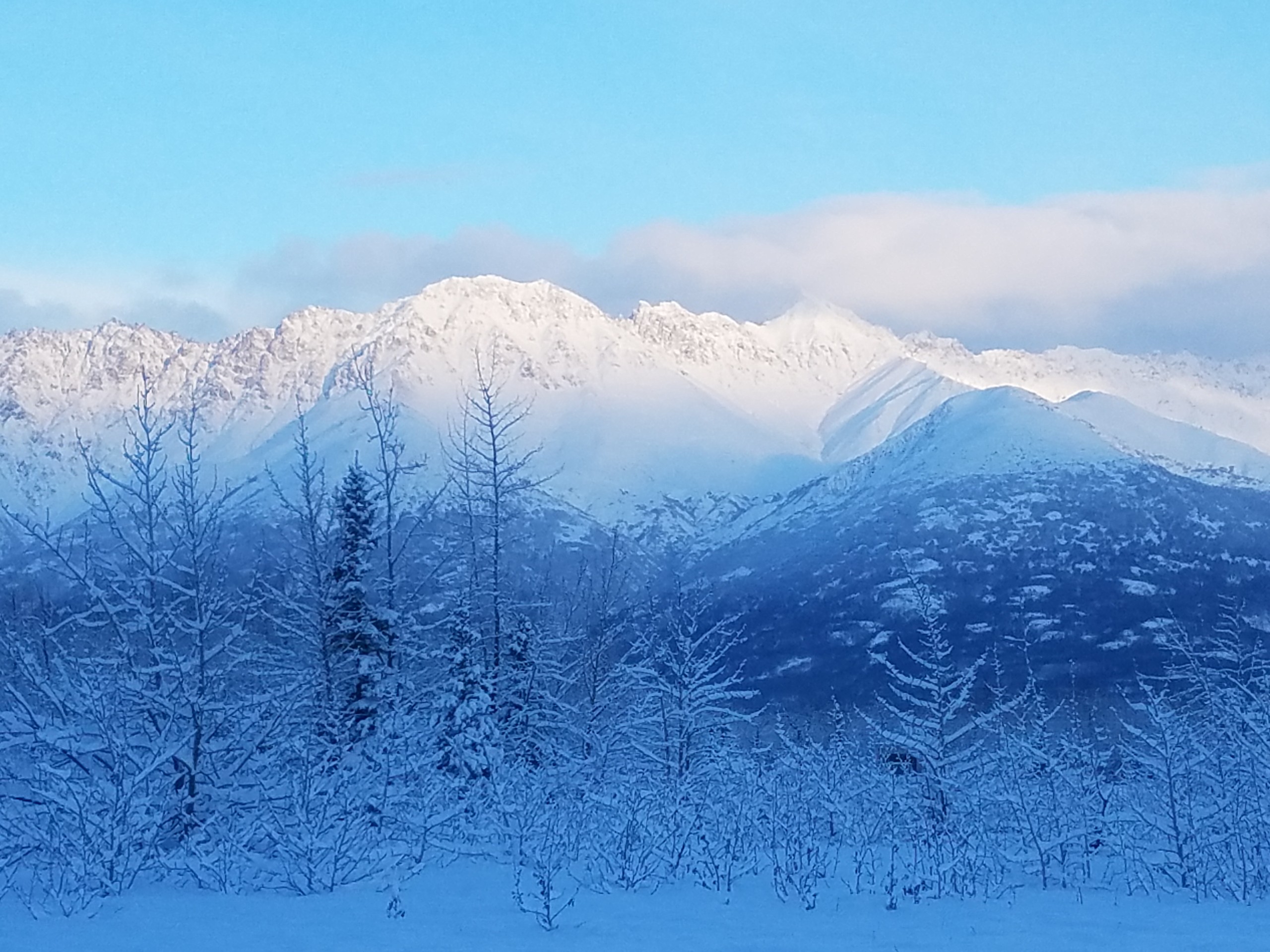 Cold winter mountain view along the Knik River behind my property.
