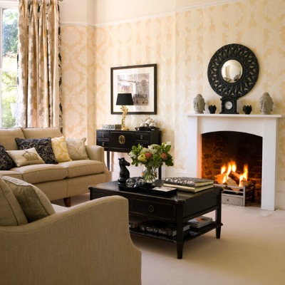 Living room with a focal point fireplace.