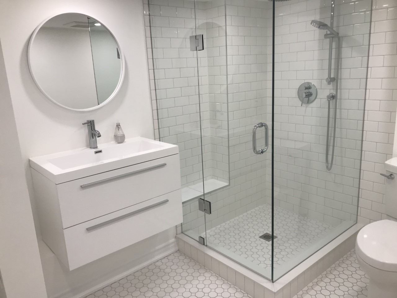 White basement bathroom.