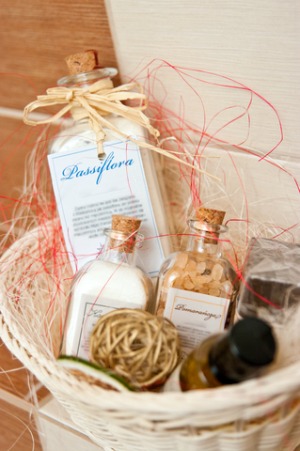 Bath accessories in a basket.