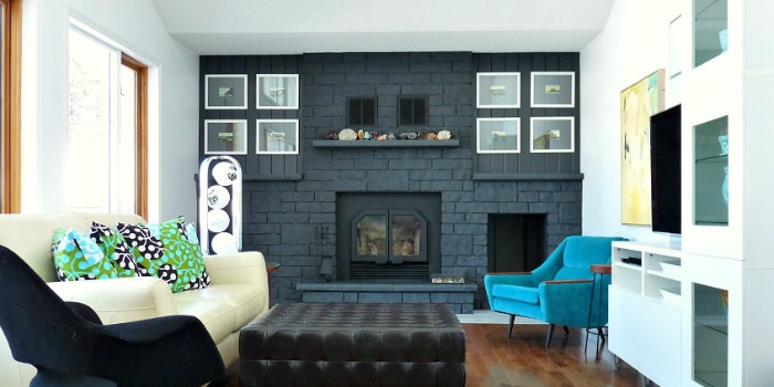 Gray painted brick adds drama to this room.