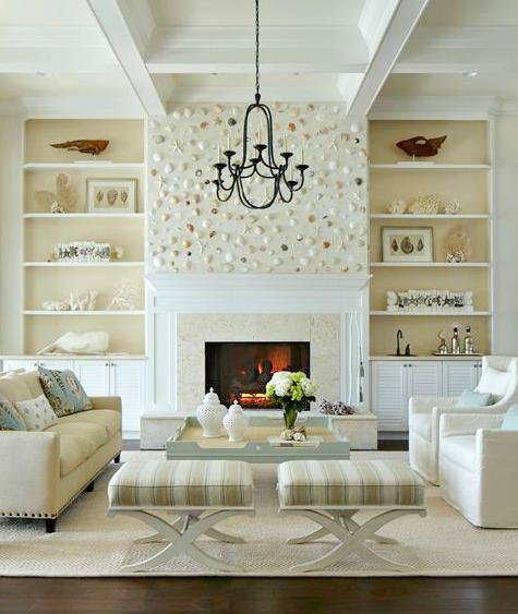 Symmetrical living room with fireplace.