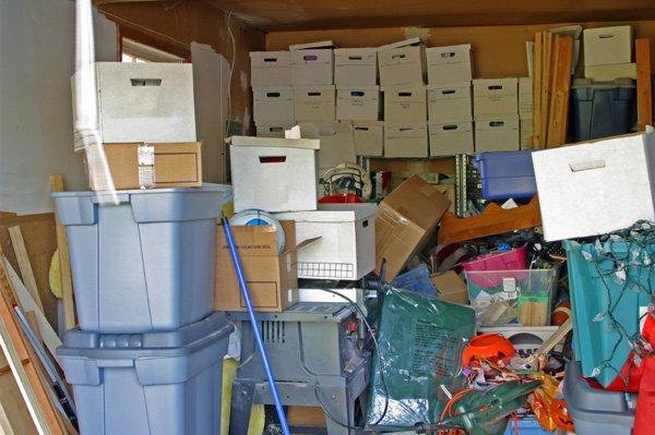 A cluttered garage.