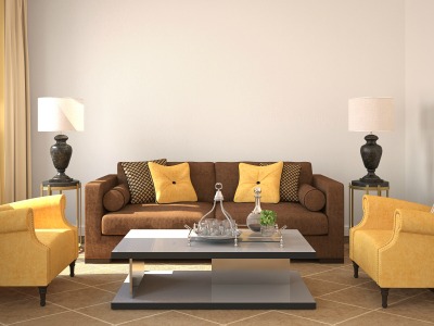 Perfectly symmetrical conversational furniture arrangement.