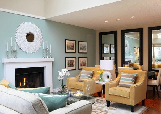 Living room with a fireplace as a focal point.