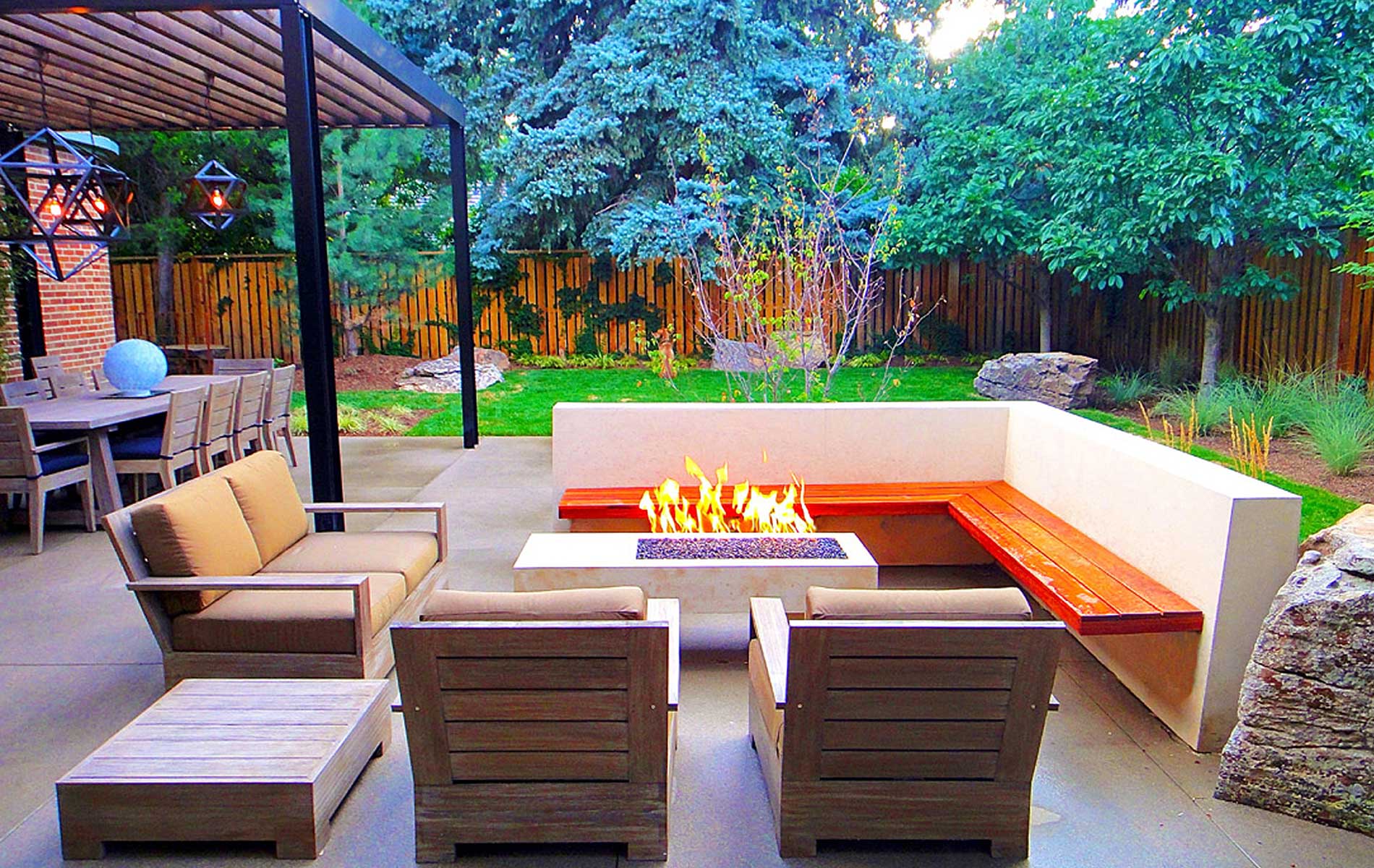 Outdoor living space with a fire pit.